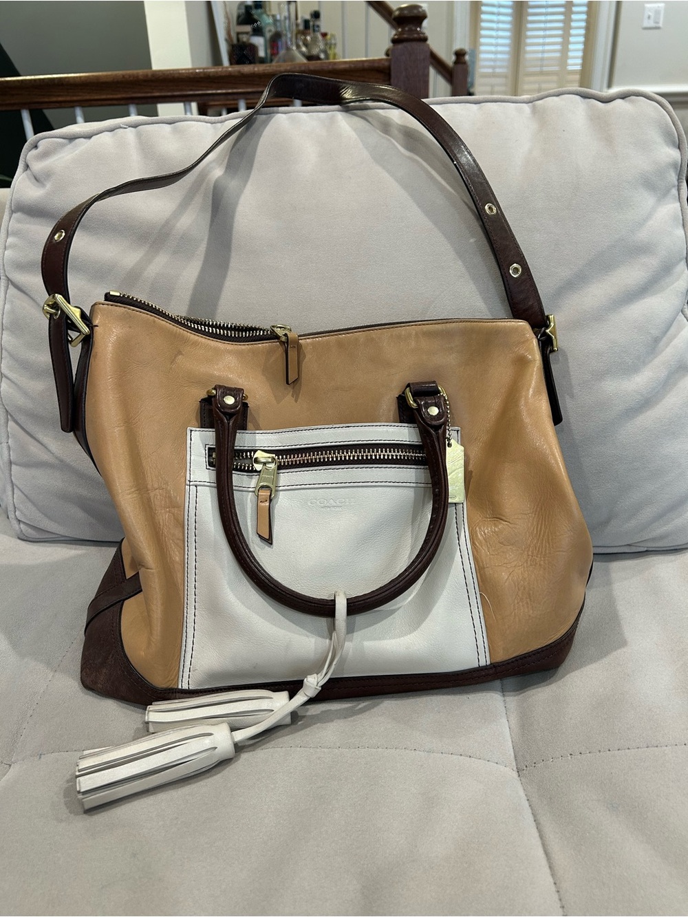 Coach Tri-Color Leather Tote in Tan, White & Dark Brown